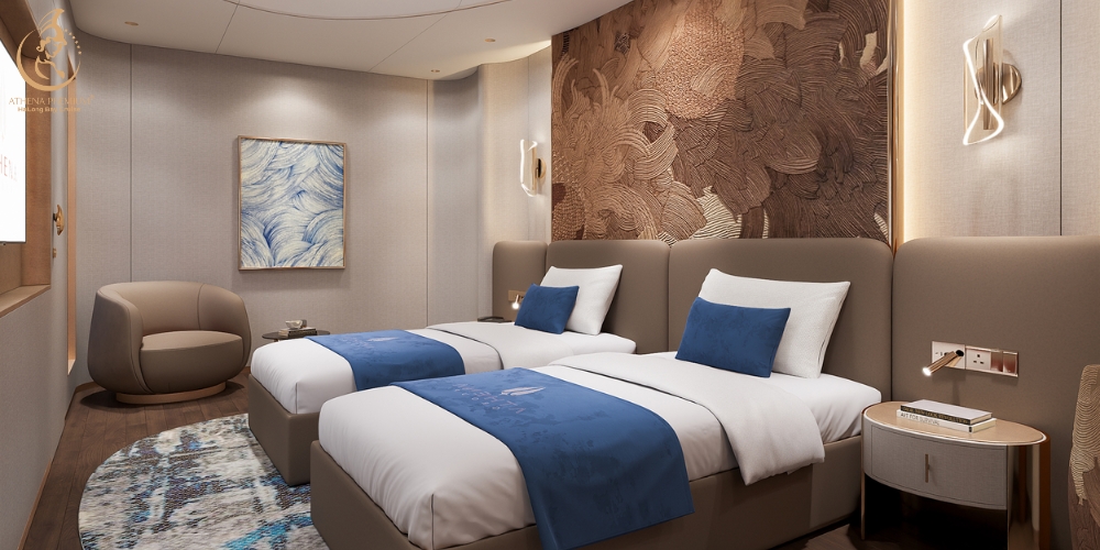 Interconnecting balcony cabins offering shared living space and panoramic bay views